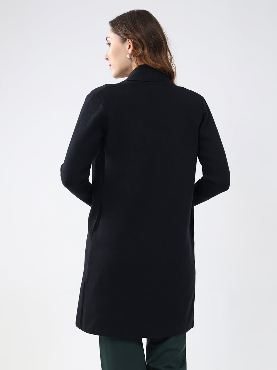 Women Black Self Design Collar Full Sleeve Cardigan