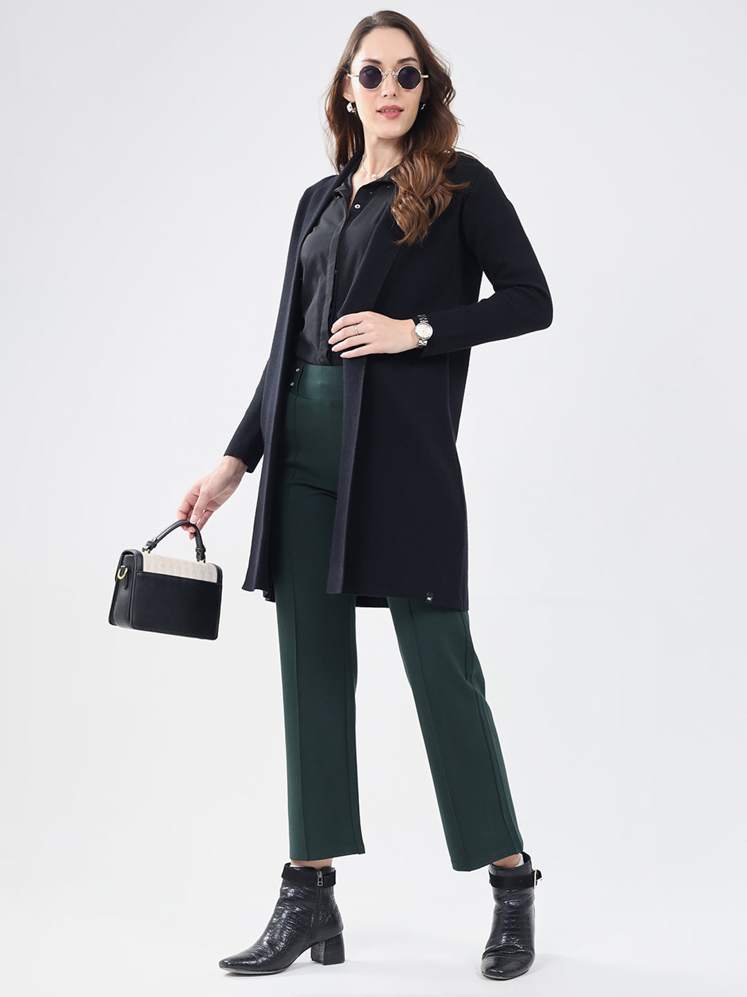 Women Black Self Design Collar Full Sleeve Cardigan
