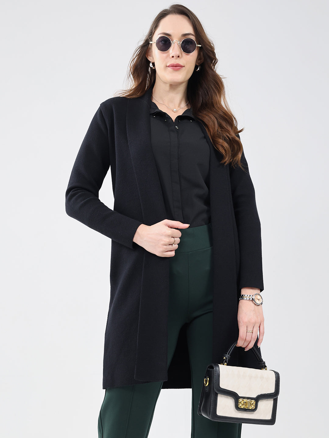 Women Black Self Design Collar Full Sleeve Cardigan