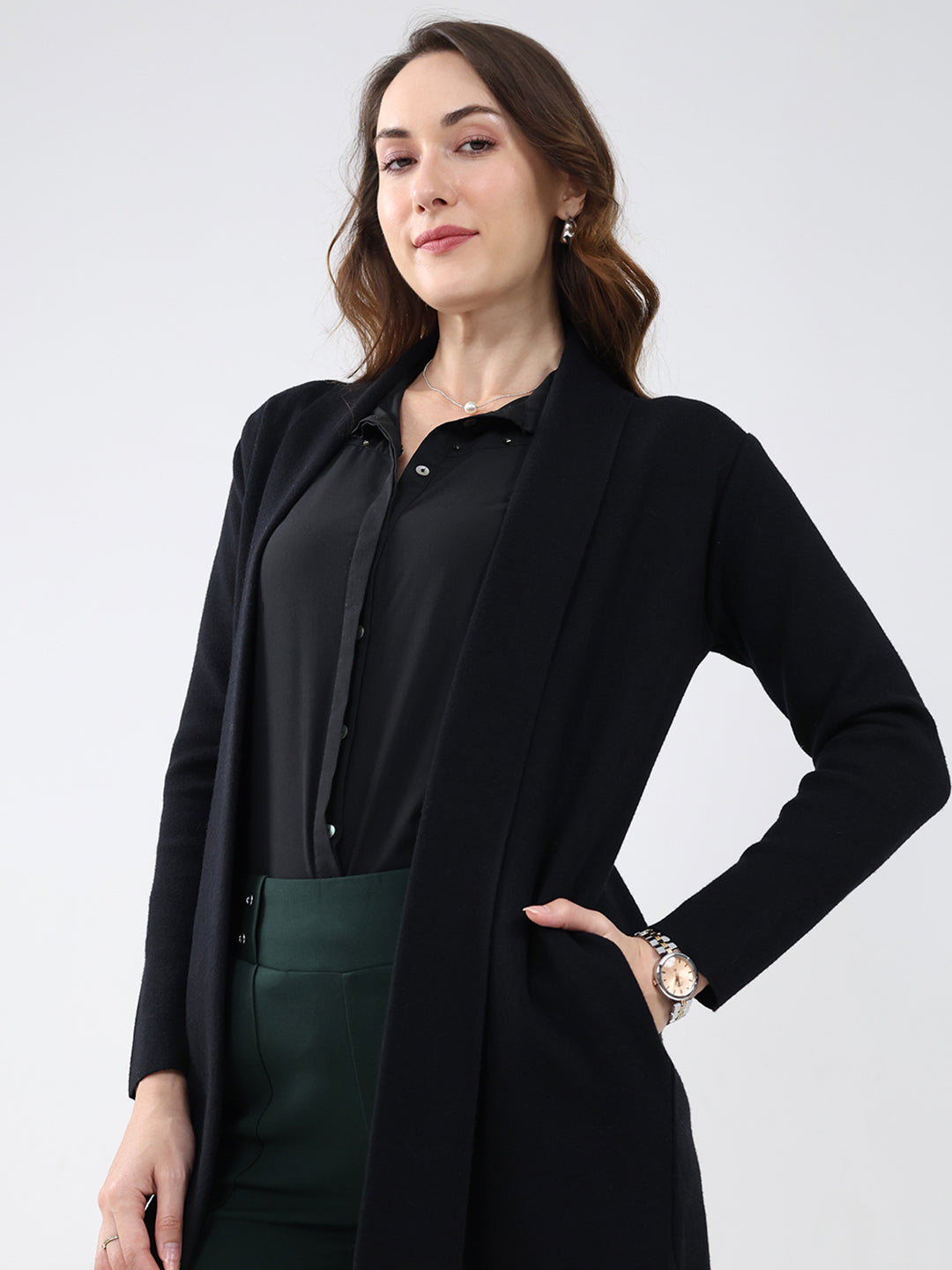 Women Black Self Design Collar Full Sleeve Cardigan