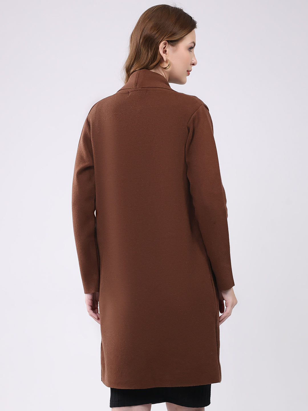 Women Brown Self Design Collar Full Sleeve Cardigan