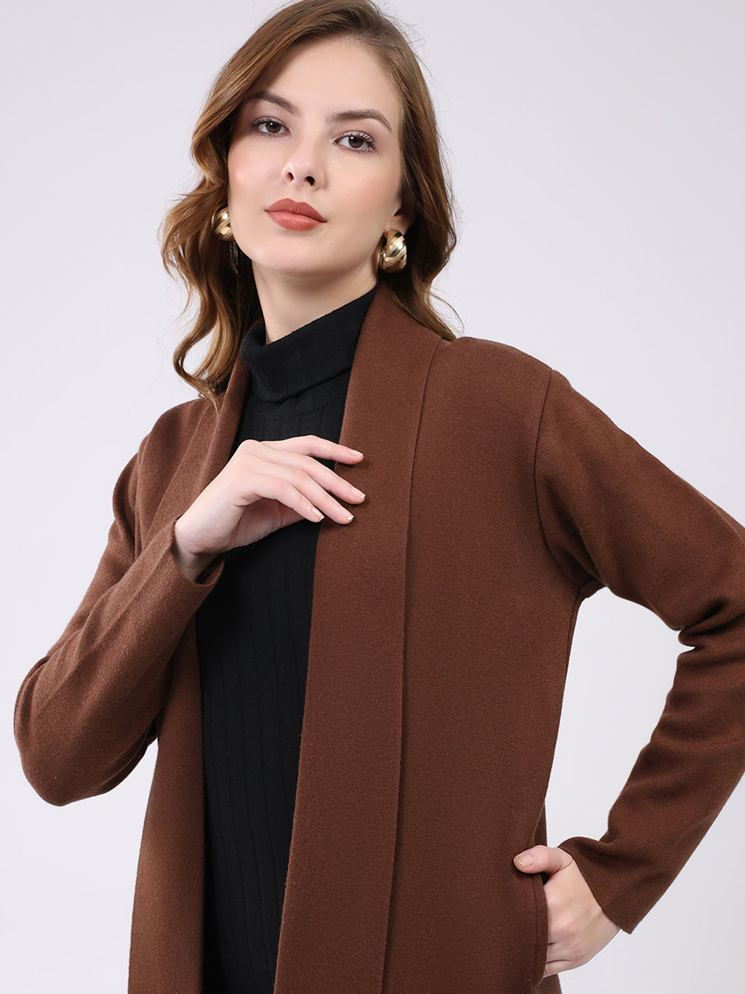 Women Brown Self Design Collar Full Sleeve Cardigan