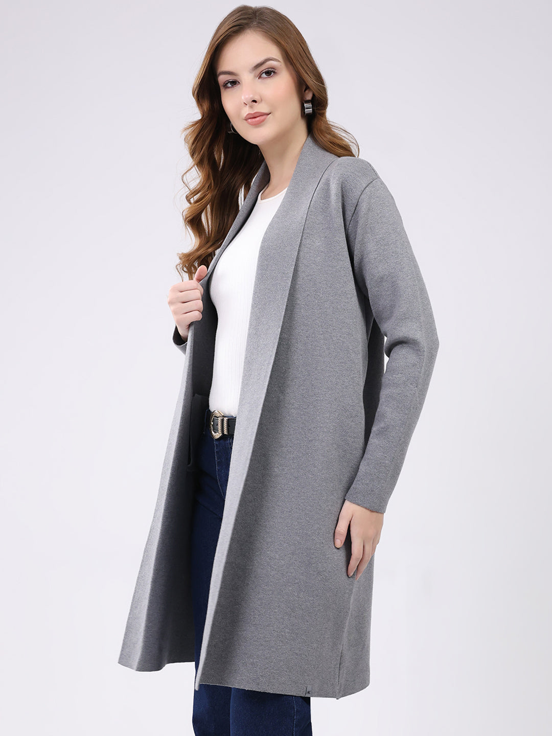 Women Grey Self Design Collar Full Sleeve Cardigan