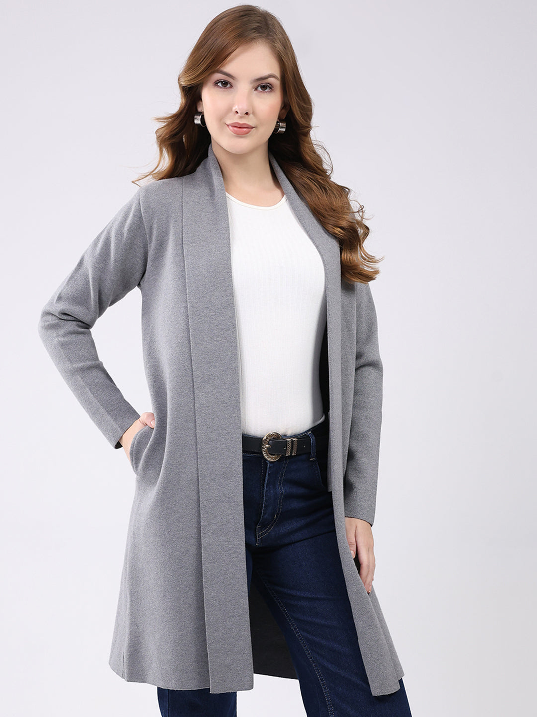 Women Grey Self Design Collar Full Sleeve Cardigan