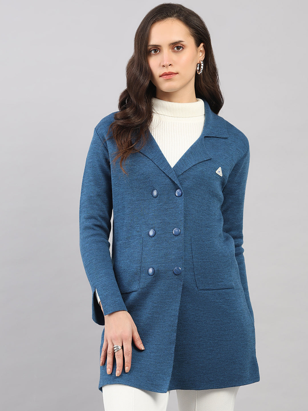 Women Dark Blue Self Design Lapel Collar Full Sleeve Knitted Coat