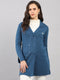 Women Dark Blue Self Design Lapel Collar Full Sleeve Knitted Coat