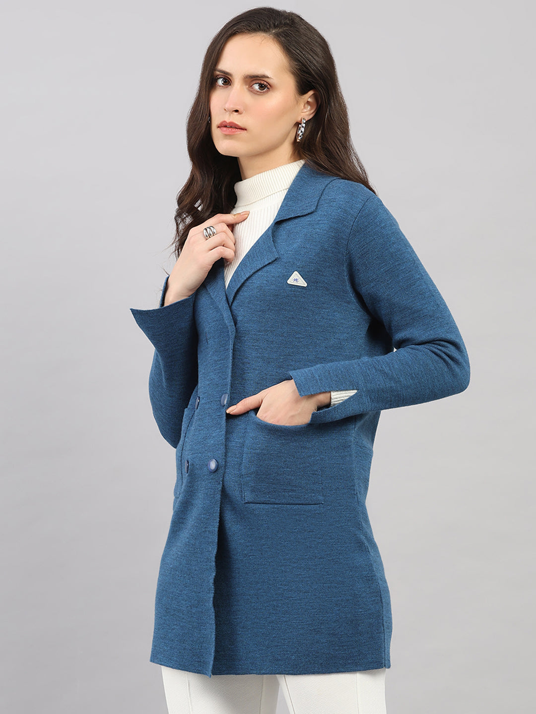 Women Dark Blue Self Design Lapel Collar Full Sleeve Knitted Coat