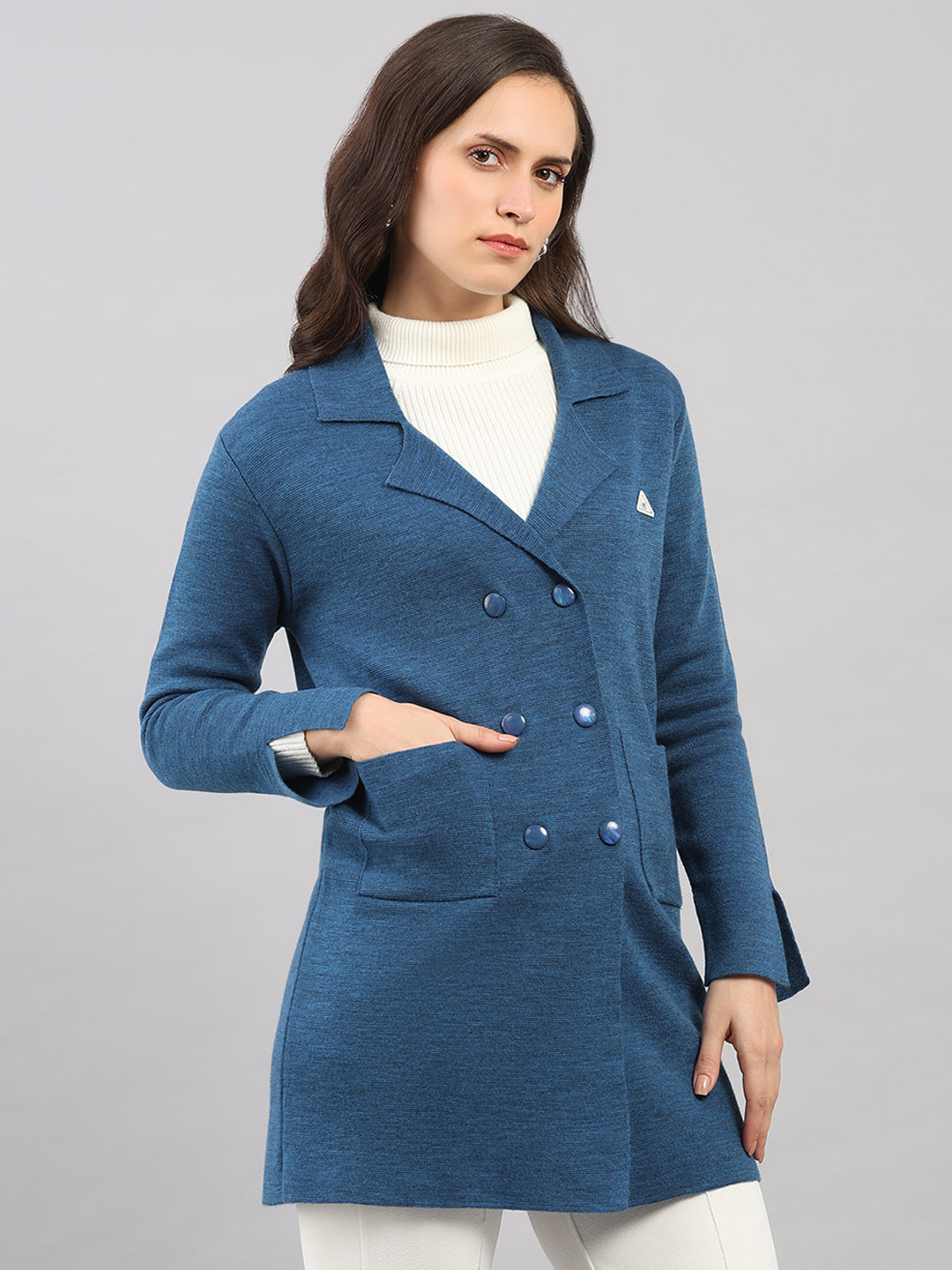 Women Dark Blue Self Design Lapel Collar Full Sleeve Knitted Coat