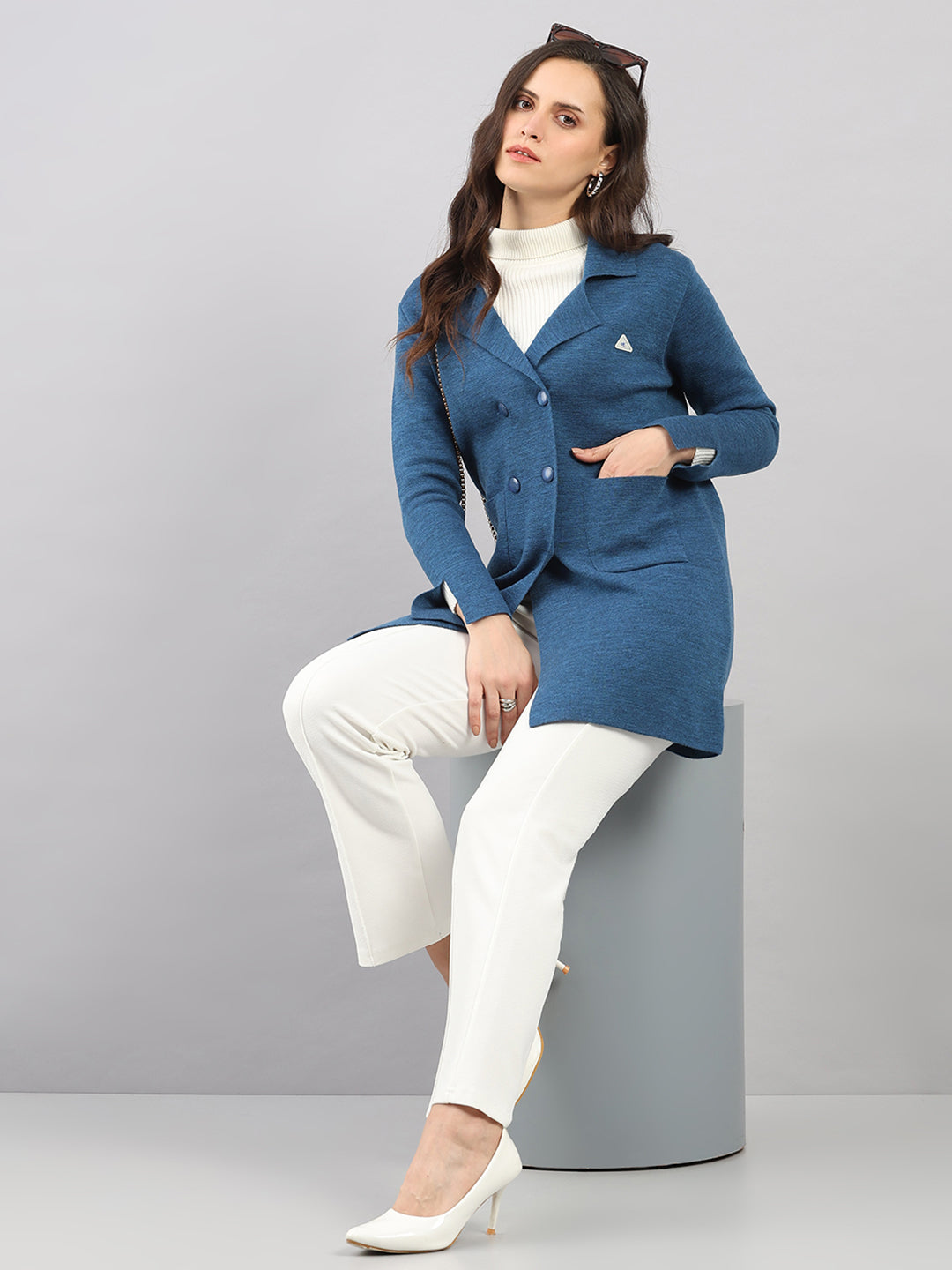 Women Dark Blue Self Design Lapel Collar Full Sleeve Knitted Coat