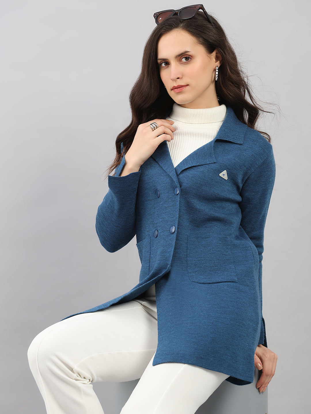 Women Dark Blue Self Design Lapel Collar Full Sleeve Knitted Coat