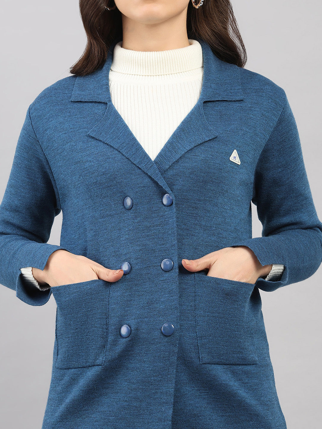 Women Dark Blue Self Design Lapel Collar Full Sleeve Knitted Coat