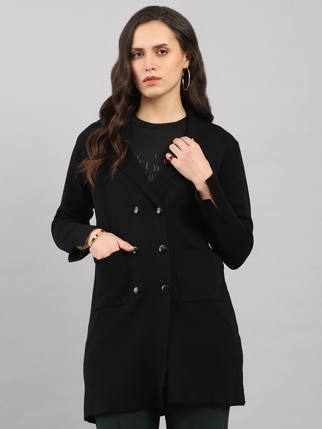 Women Black Self Design Lapel Collar Full Sleeve Knitted Coat