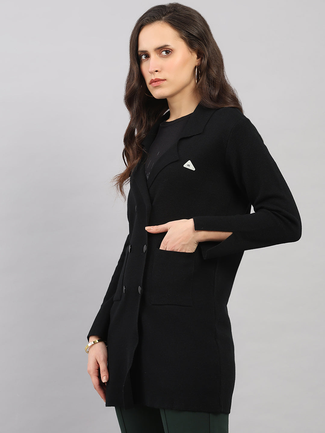 Women Black Self Design Lapel Collar Full Sleeve Knitted Coat
