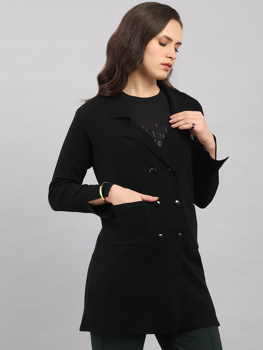 Women Black Self Design Lapel Collar Full Sleeve Knitted Coat