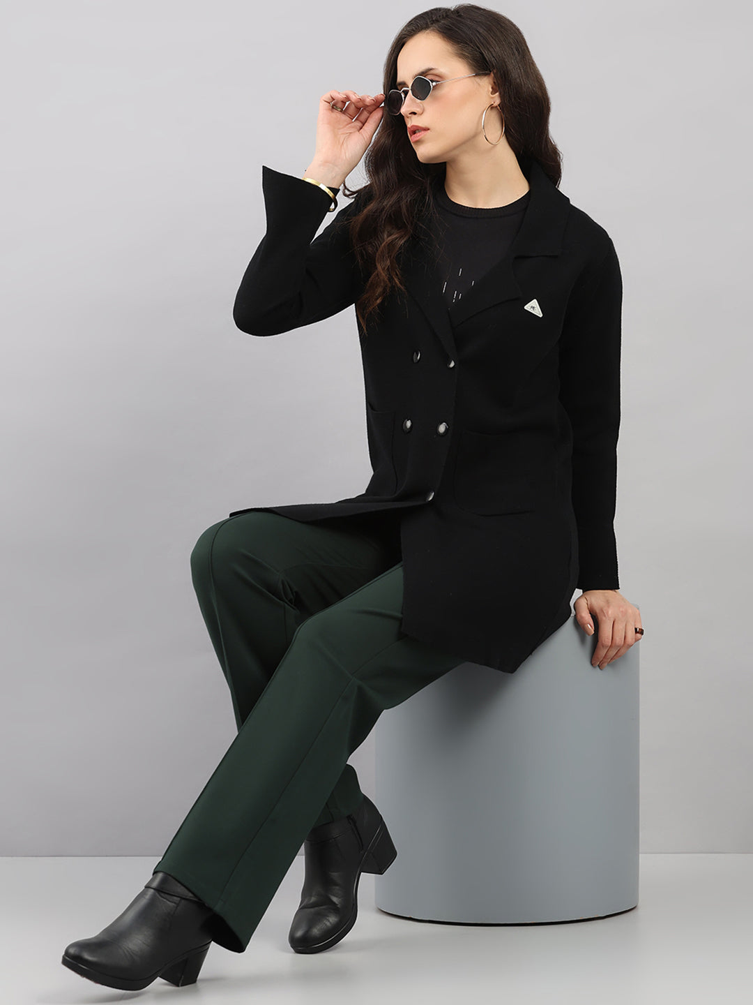 Women Black Self Design Lapel Collar Full Sleeve Knitted Coat