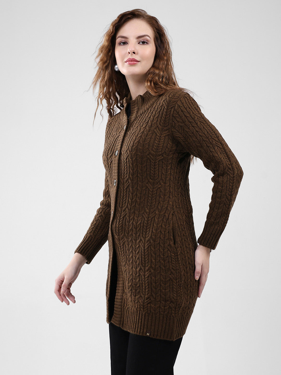 Women Brown Self Design Mock Neck Full Sleeve Cardigan