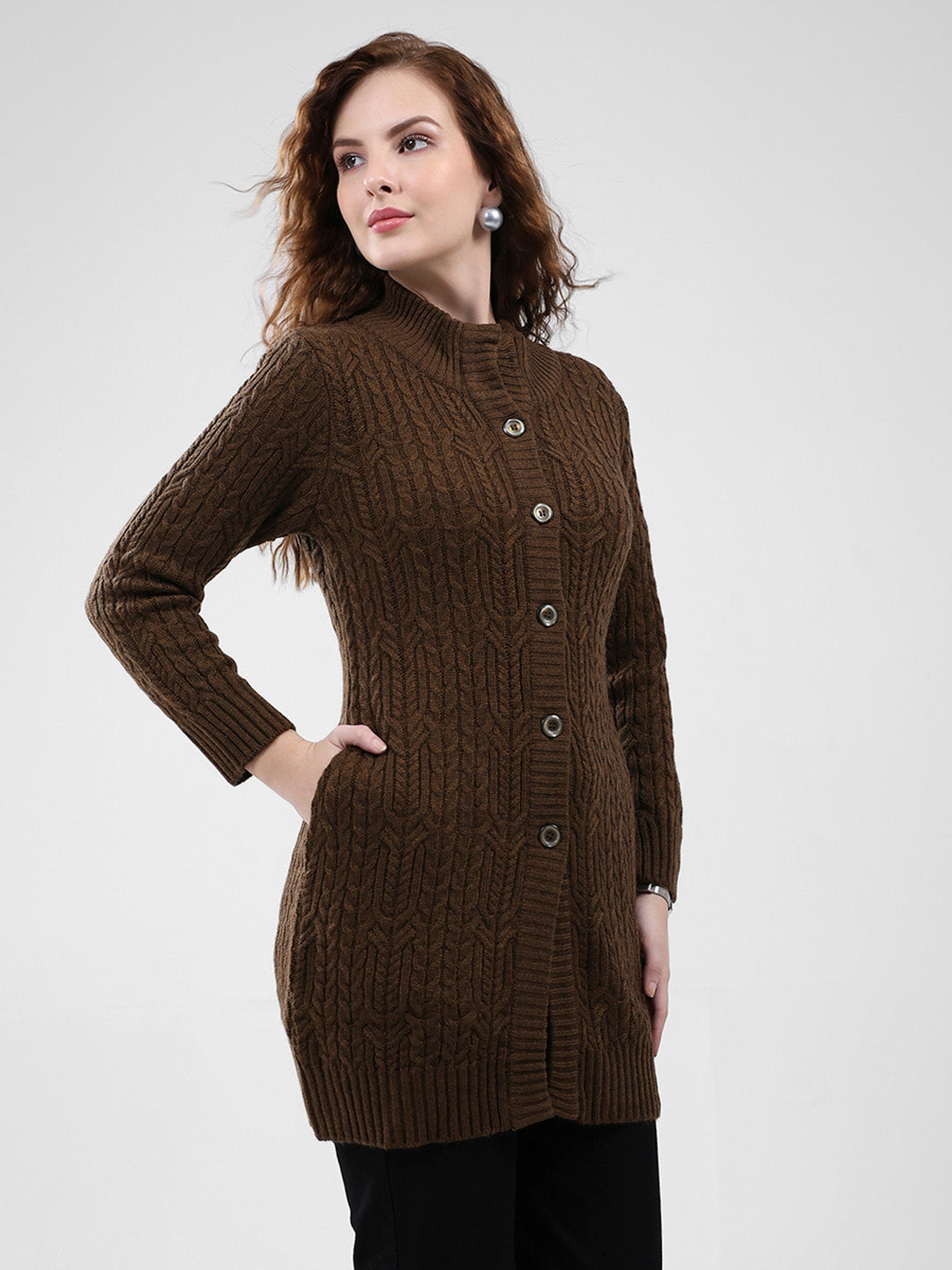 Women Brown Self Design Mock Neck Full Sleeve Cardigan