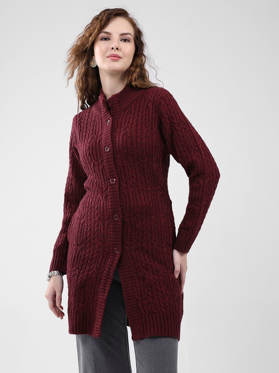 Women Maroon Self Design Mock Neck Full Sleeve Cardigan