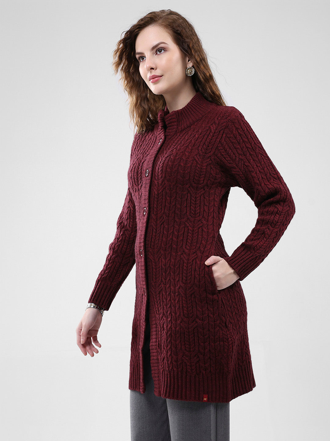 Women Maroon Self Design Mock Neck Full Sleeve Cardigan