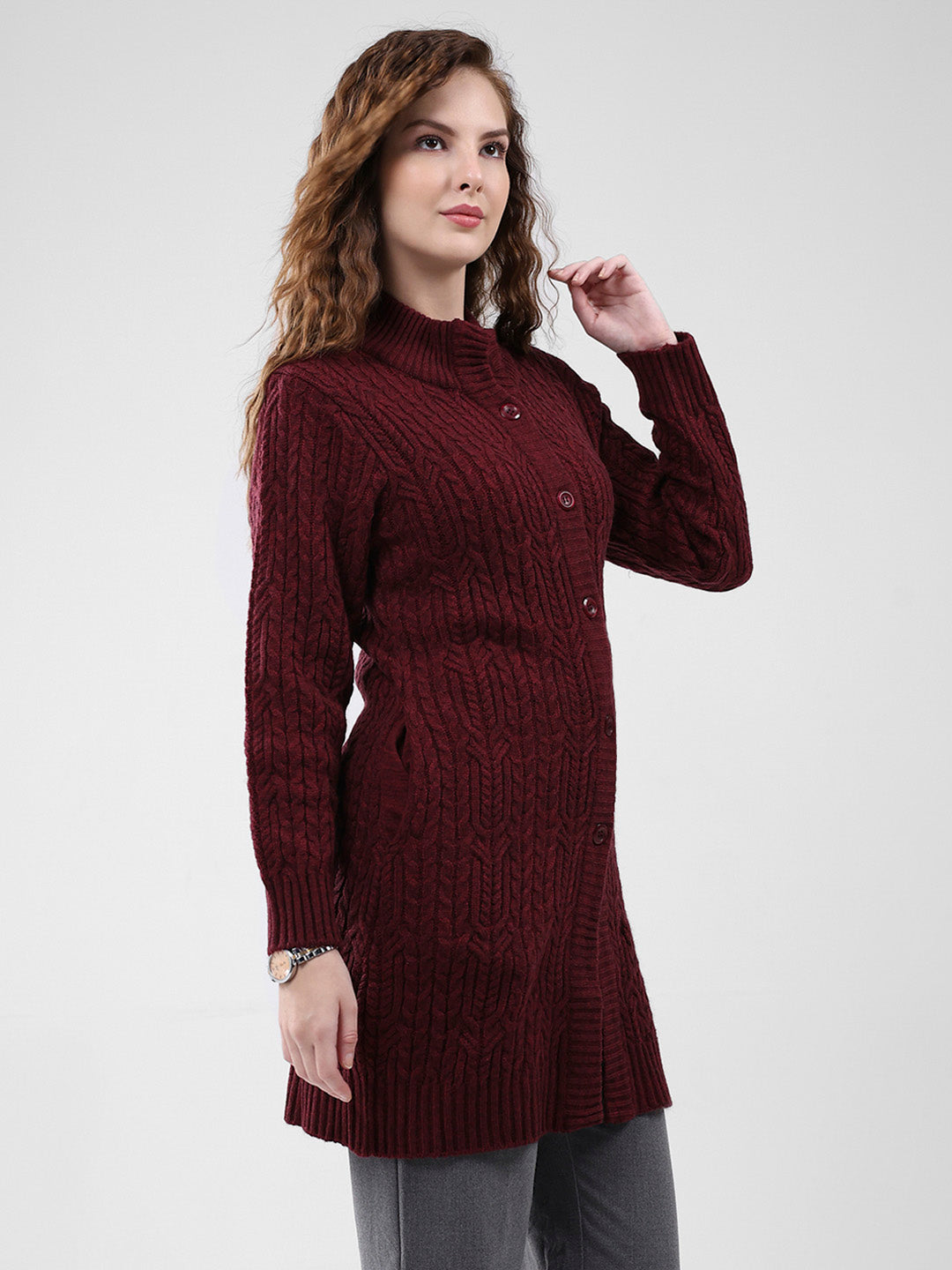 Women Maroon Self Design Mock Neck Full Sleeve Cardigan