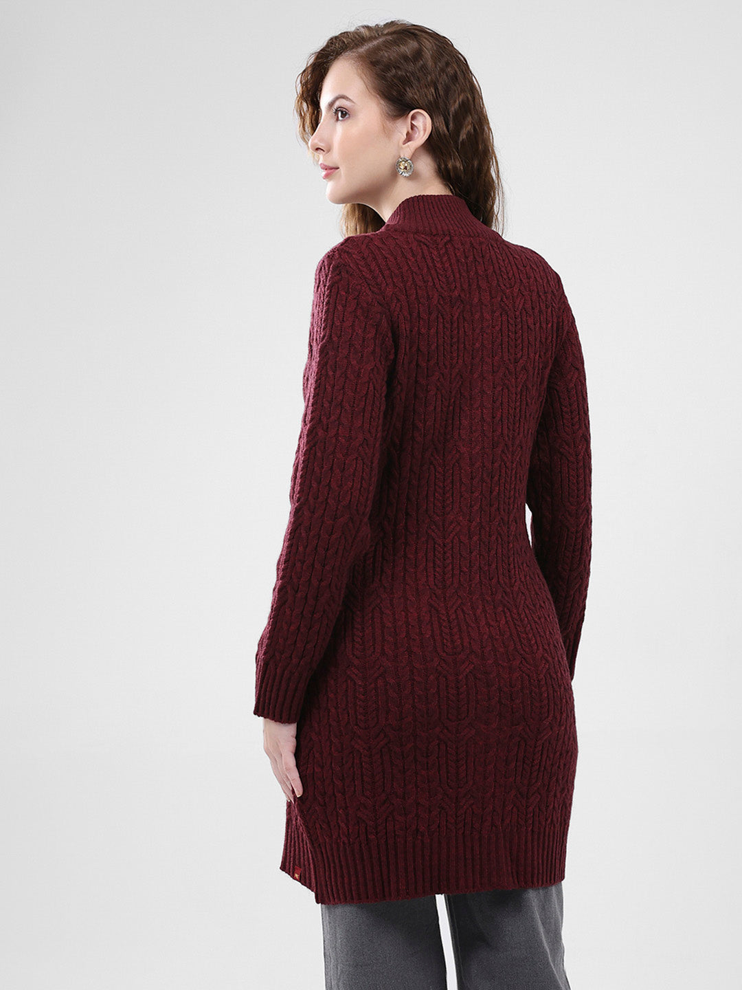 Women Maroon Self Design Mock Neck Full Sleeve Cardigan