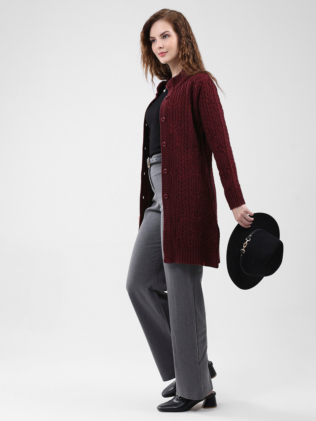 Women Maroon Self Design Mock Neck Full Sleeve Cardigan
