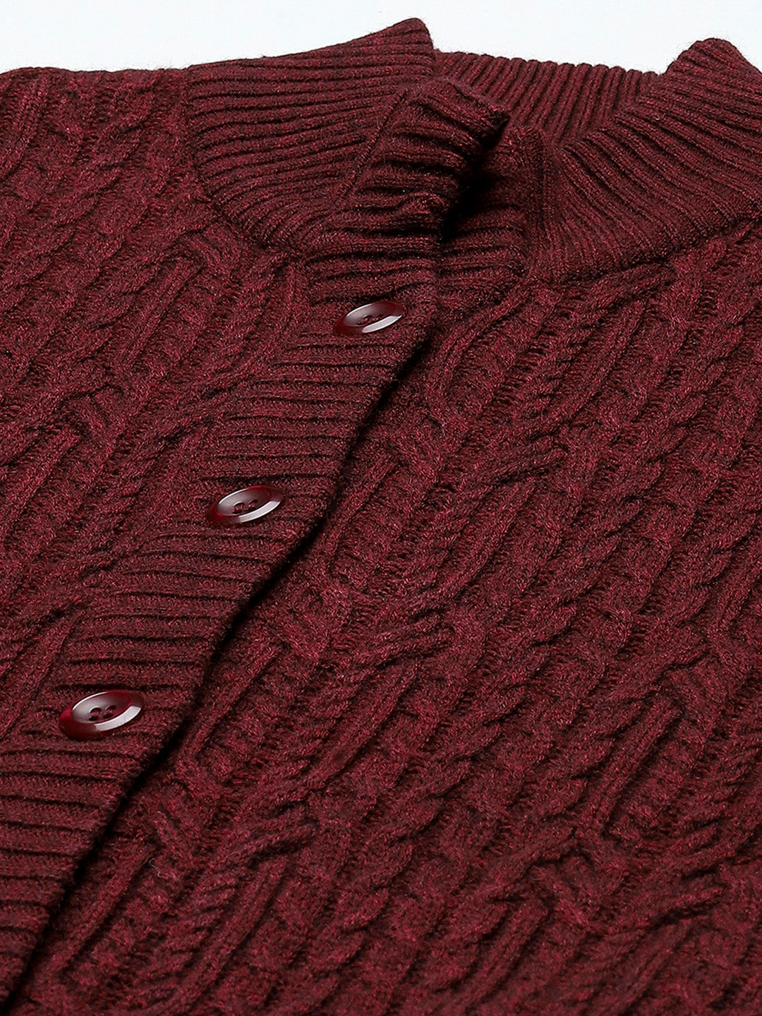 Women Maroon Self Design Mock Neck Full Sleeve Cardigan