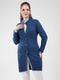 Women Blue Self Design Mock Neck Full Sleeve Cardigan