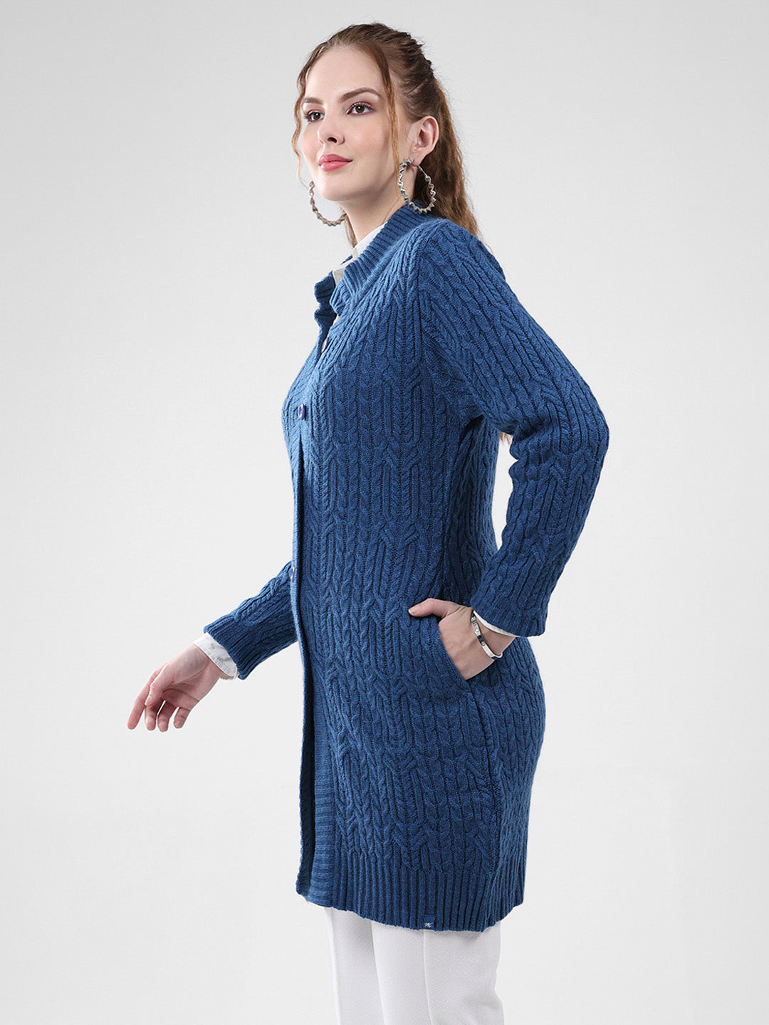 Women Blue Self Design Mock Neck Full Sleeve Cardigan