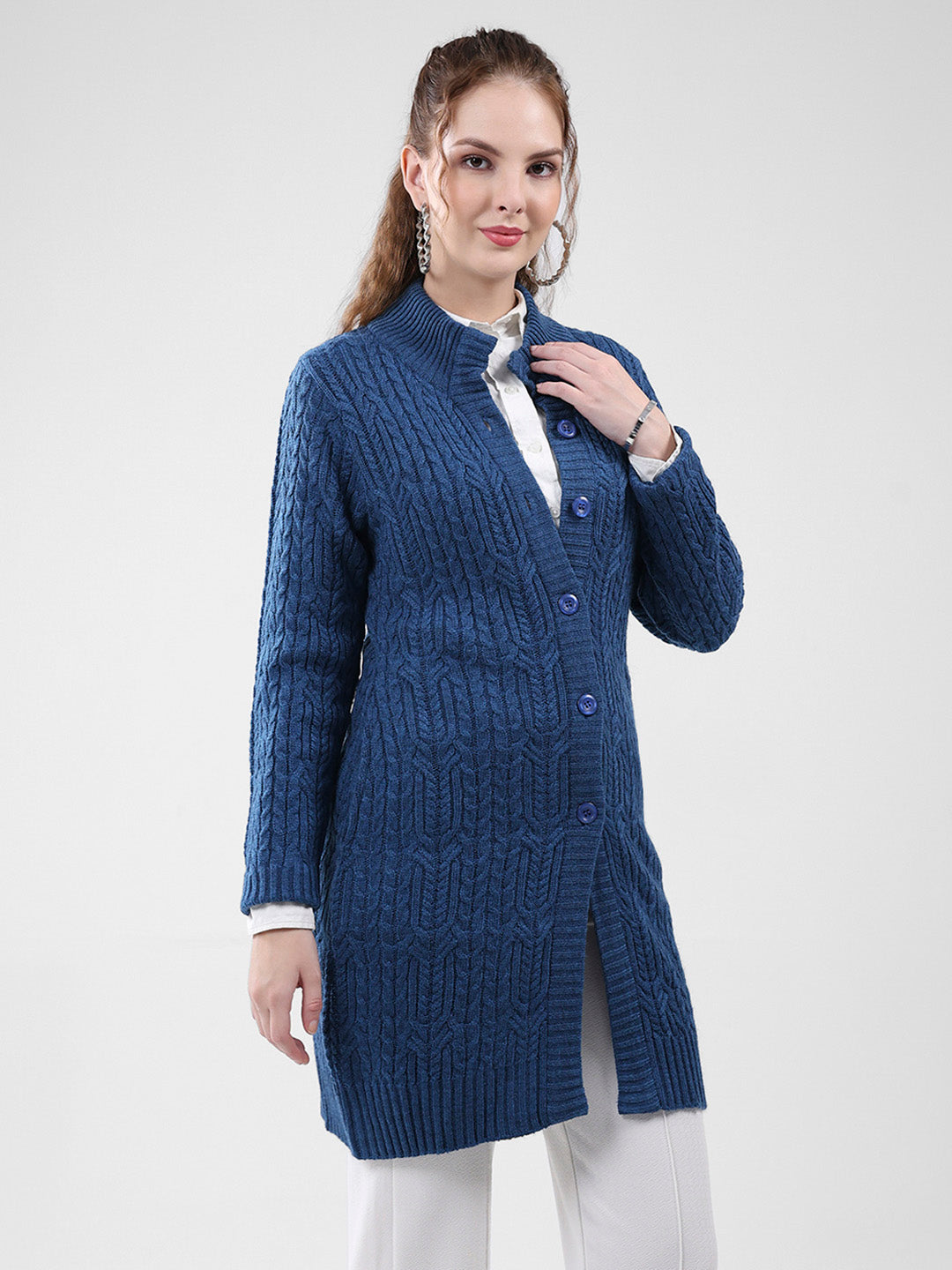 Women Blue Self Design Mock Neck Full Sleeve Cardigan