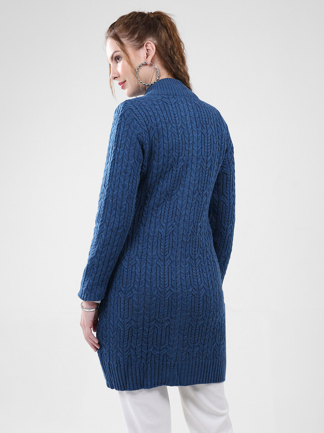 Women Blue Self Design Mock Neck Full Sleeve Cardigan
