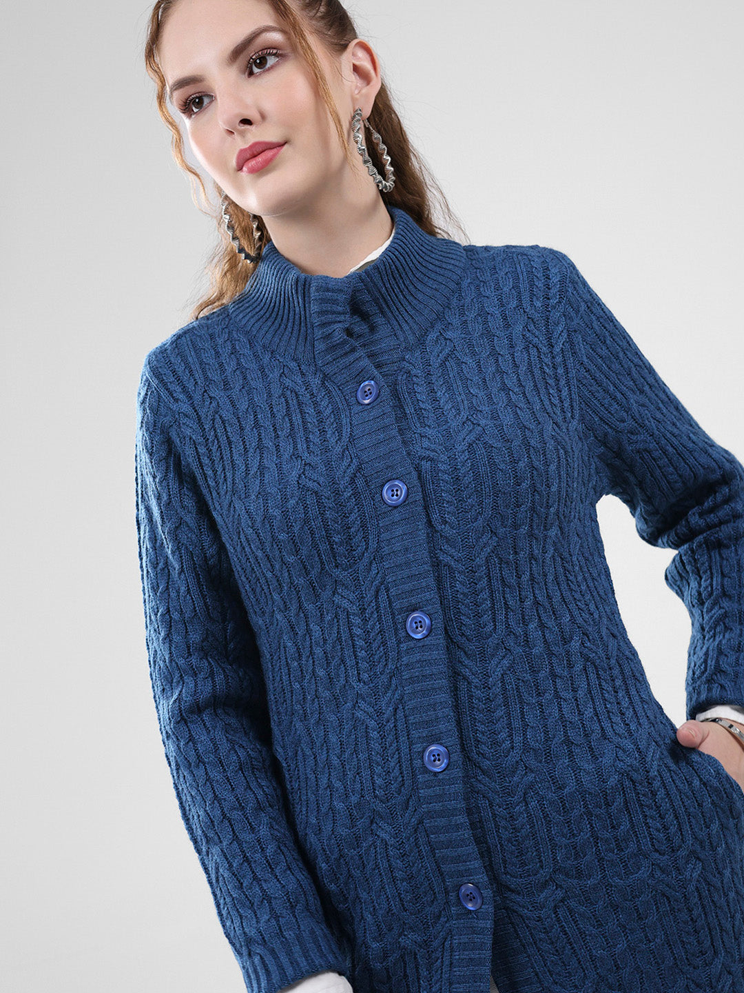 Women Blue Self Design Mock Neck Full Sleeve Cardigan