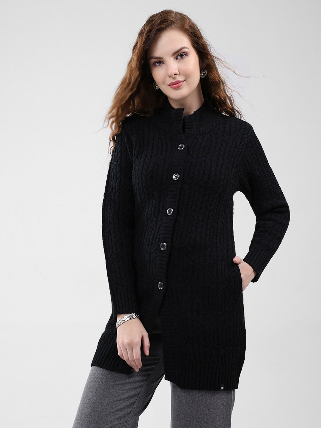 Women Black Self Design Mock Neck Full Sleeve Cardigan