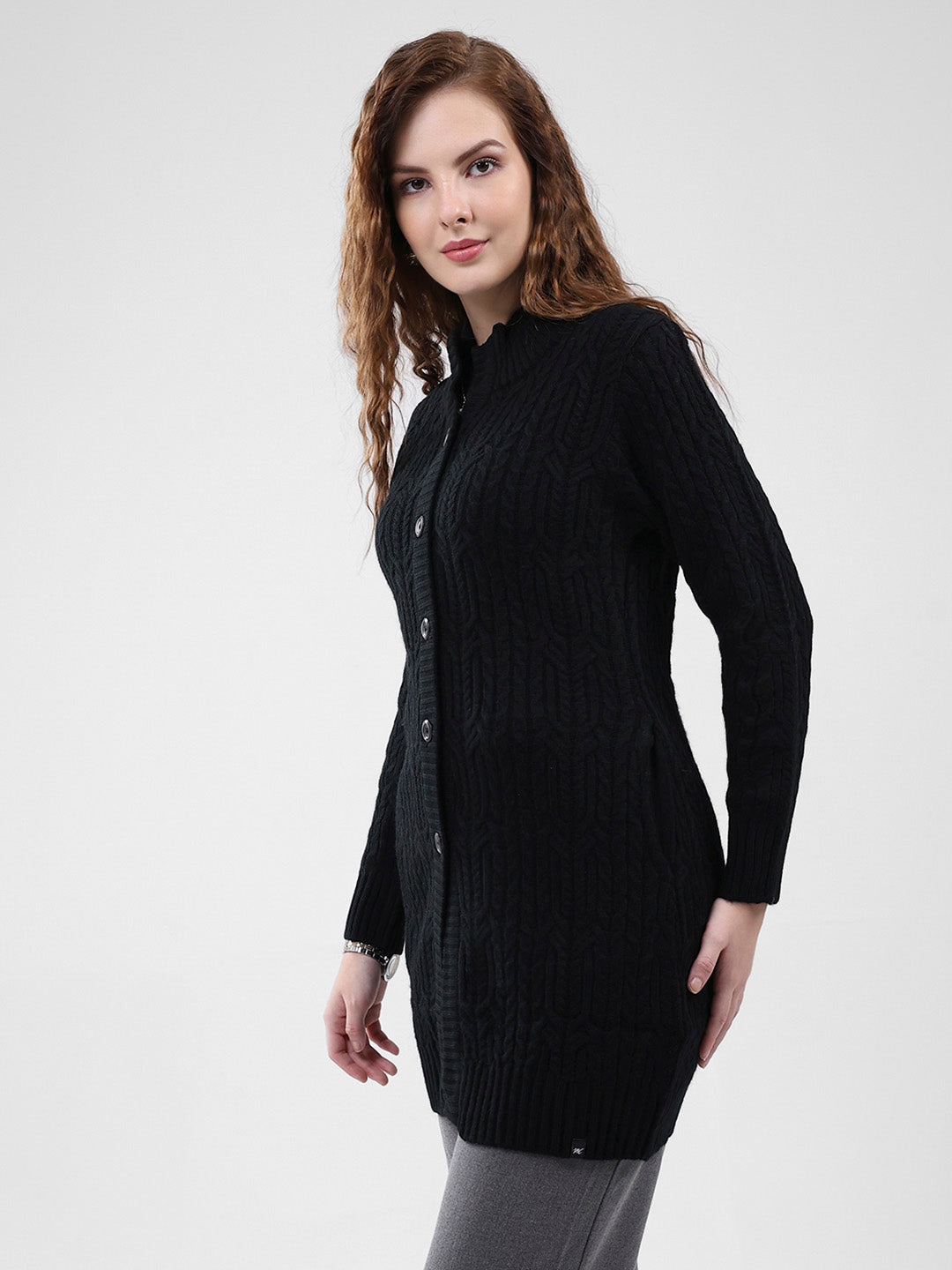 Women Black Self Design Mock Neck Full Sleeve Cardigan