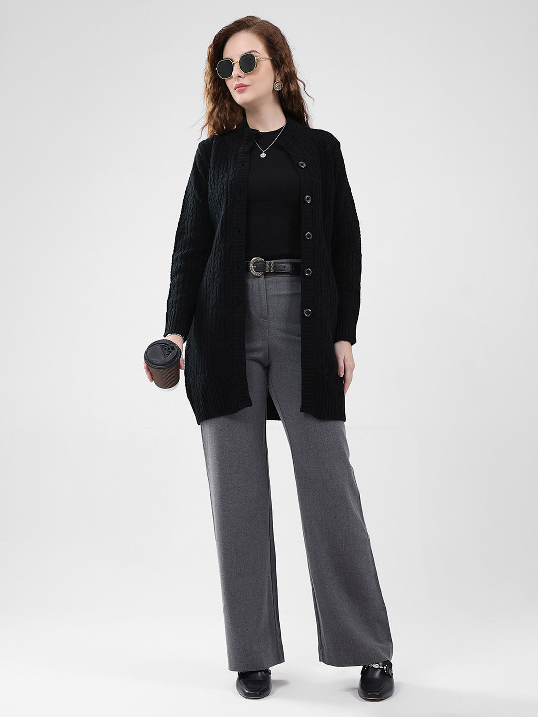 Women Black Self Design Mock Neck Full Sleeve Cardigan