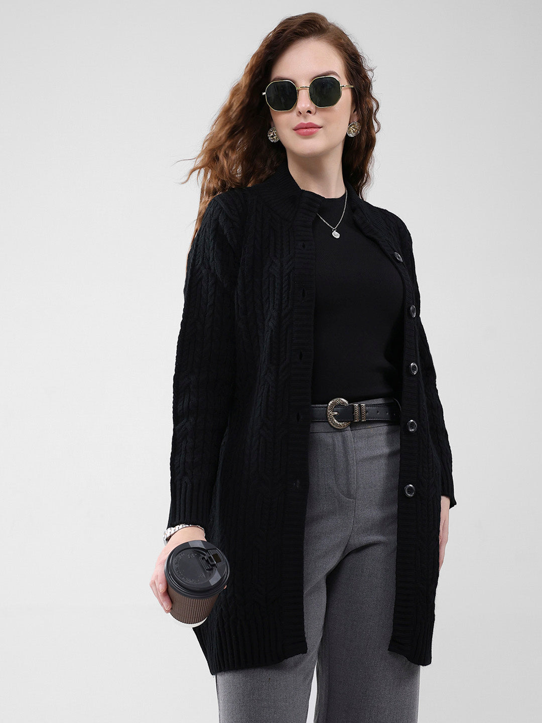 Women Black Self Design Mock Neck Full Sleeve Cardigan