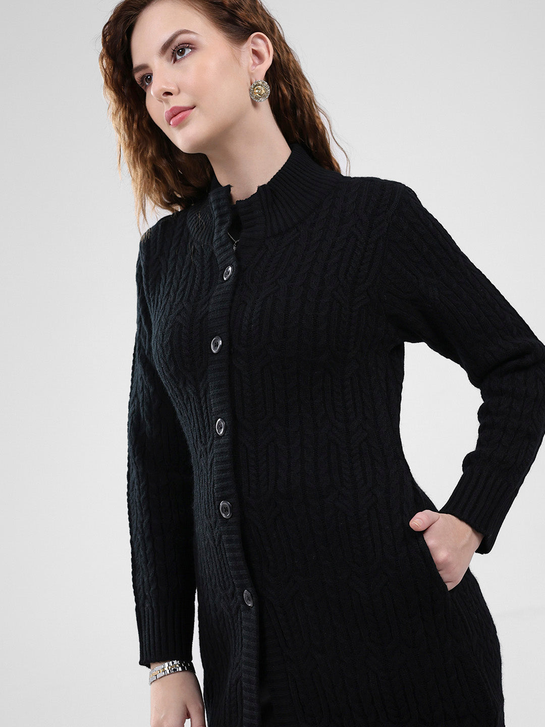 Women Black Self Design Mock Neck Full Sleeve Cardigan