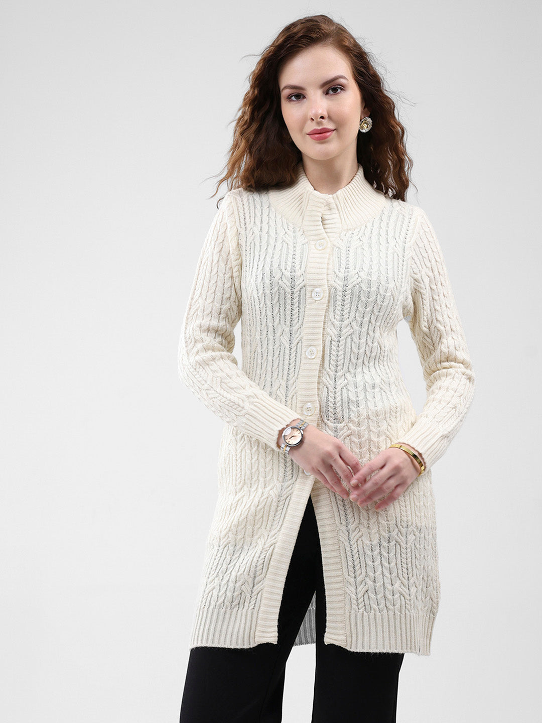 Women Cream Self Design Mock Neck Full Sleeve Cardigan