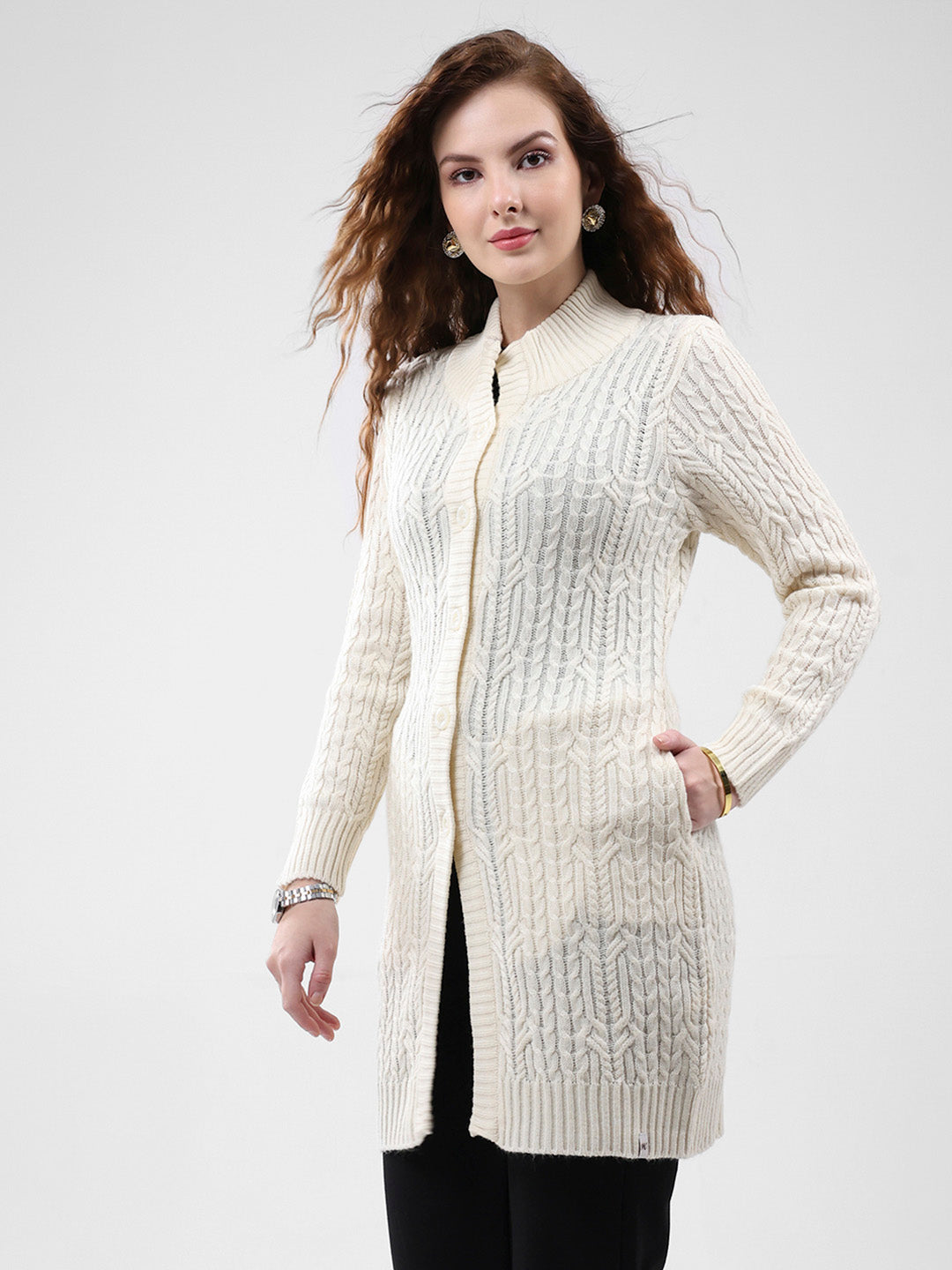 Women Cream Self Design Mock Neck Full Sleeve Cardigan
