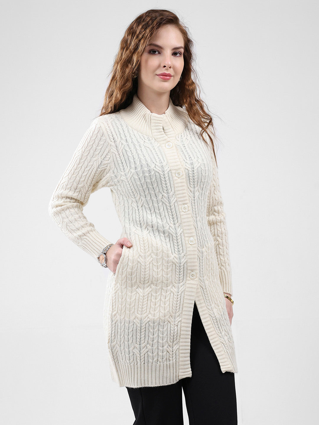 Women Cream Self Design Mock Neck Full Sleeve Cardigan