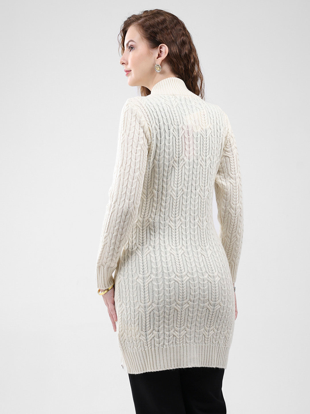 Women Cream Self Design Mock Neck Full Sleeve Cardigan