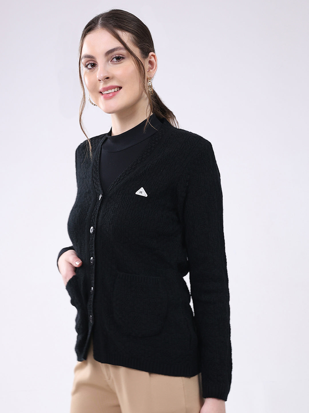 Women Black Self Design V Neck Full Sleeve Cardigan