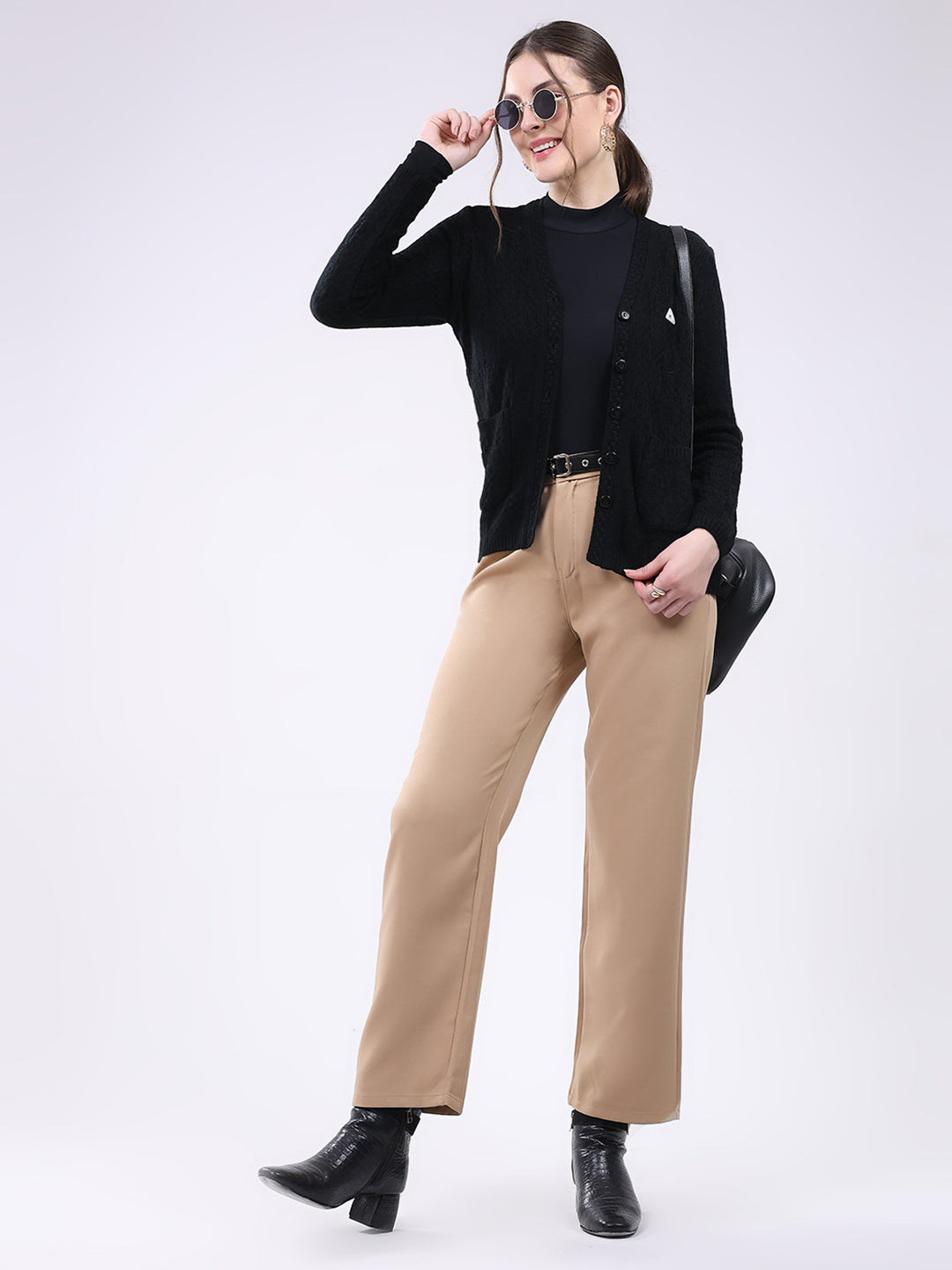 Women Black Self Design V Neck Full Sleeve Cardigan