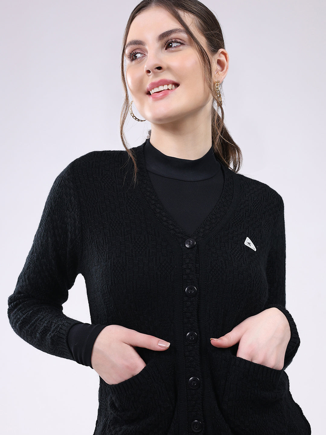 Women Black Self Design V Neck Full Sleeve Cardigan