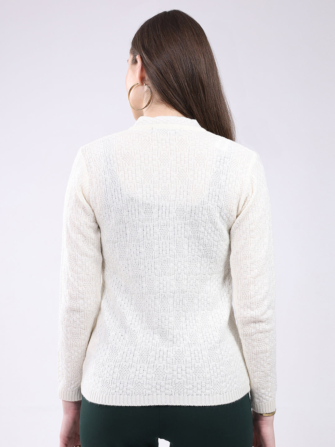 Women Off White Self Design V Neck Full Sleeve Cardigan