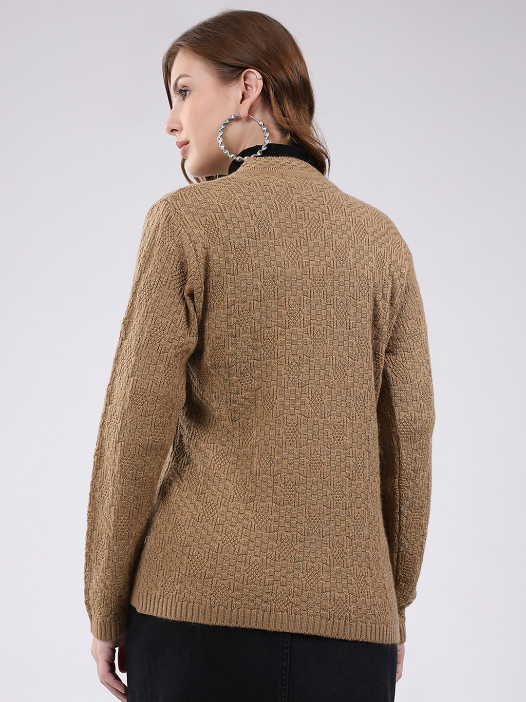 Women Camel Brown Self Design V Neck Full Sleeve Cardigan