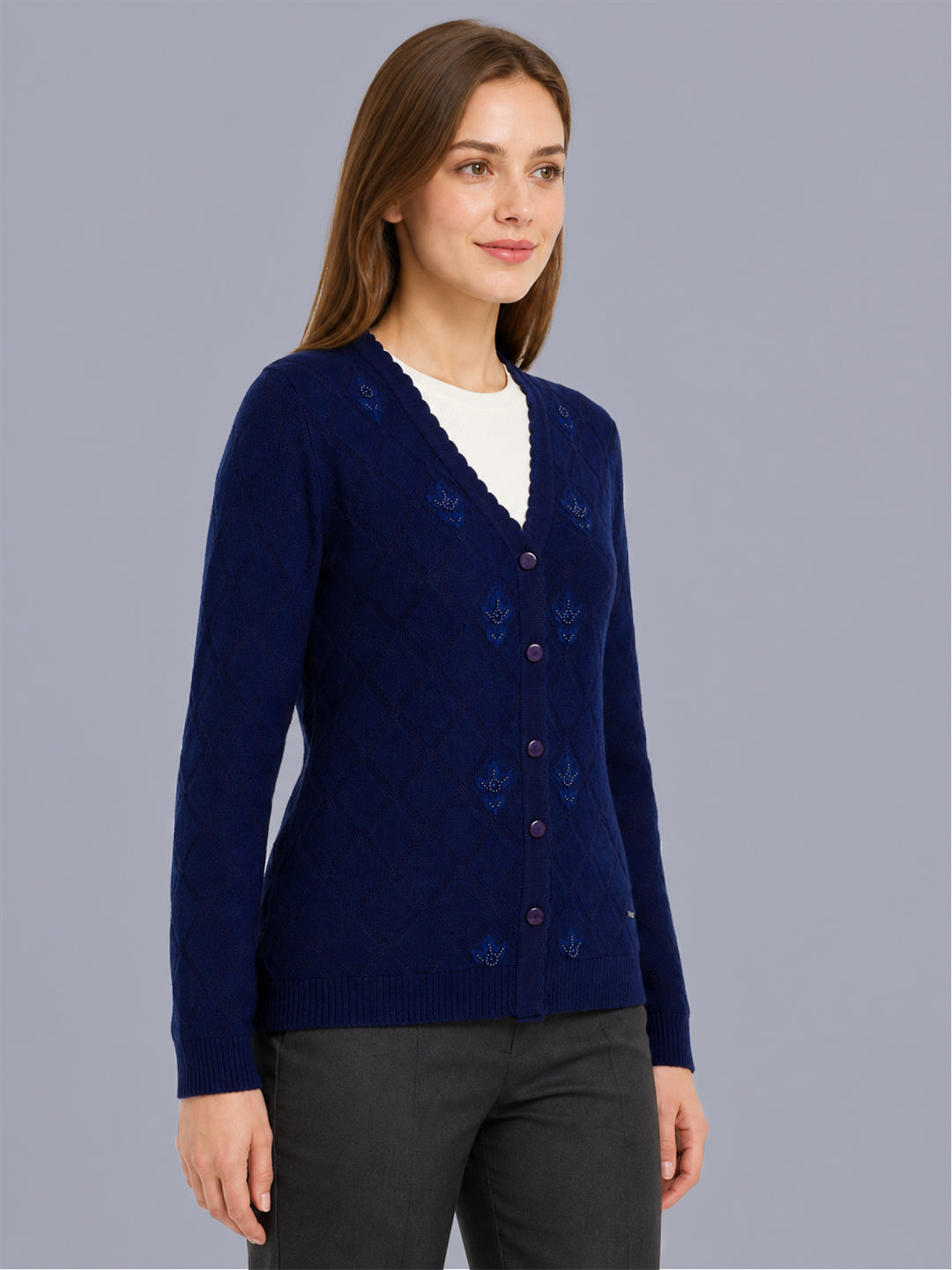 Women Blue Self Design V Neck Full Sleeve Cardigan