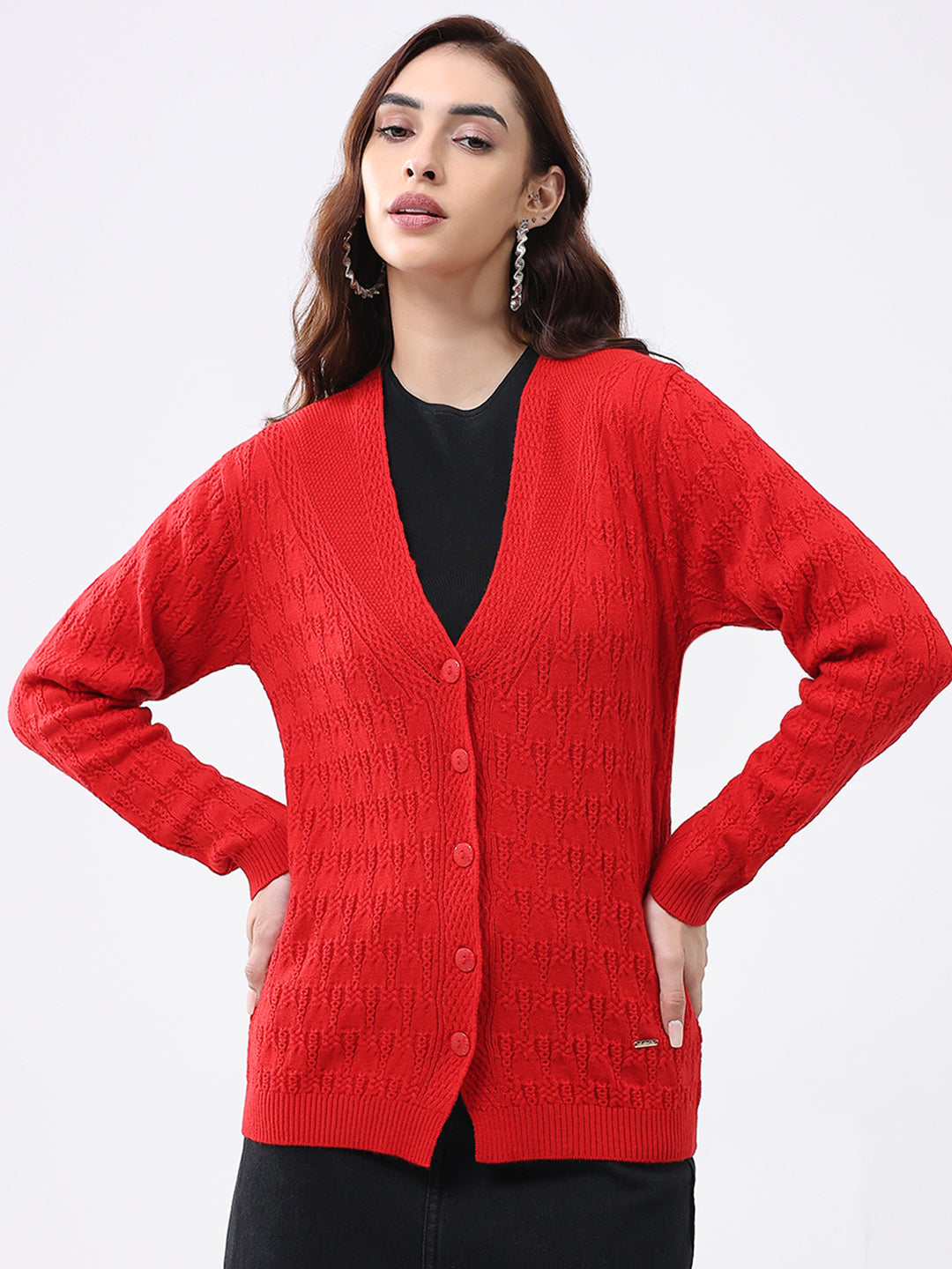 Women Red Solid V Neck Full Sleeve Cardigan