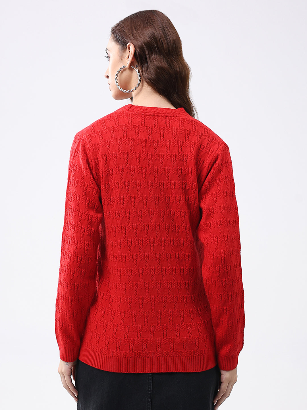 Women Red Solid V Neck Full Sleeve Cardigan