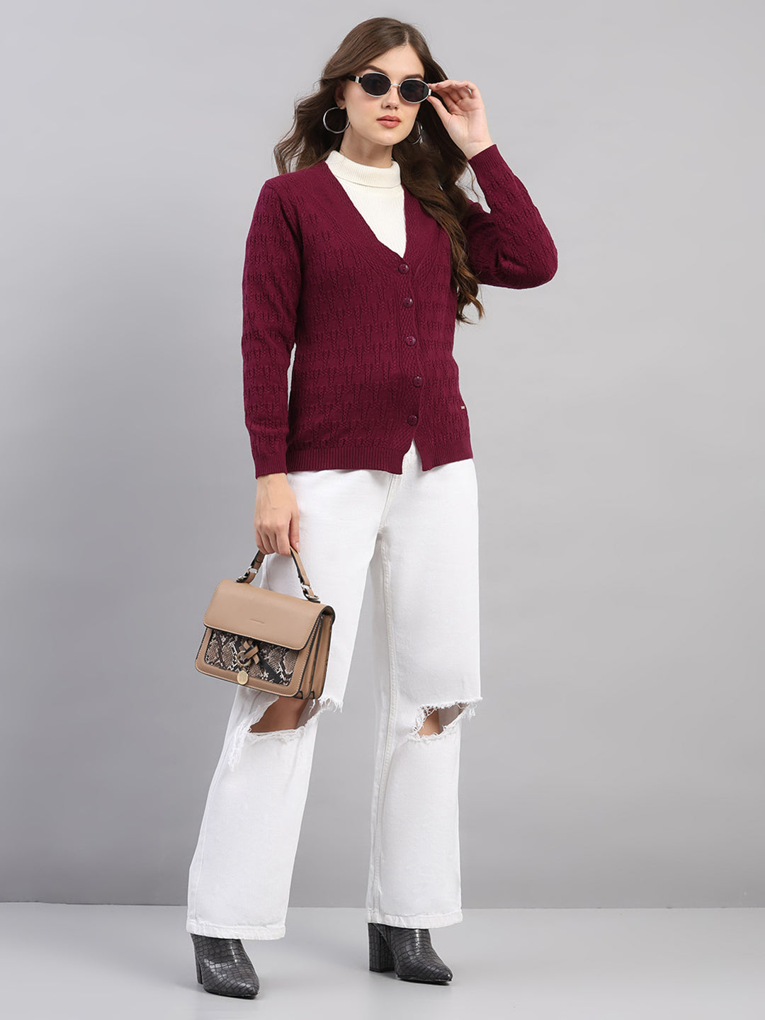 Women Purple Self Design V Neck Full Sleeve Cardigan